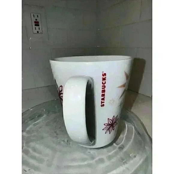 Starbucks Coffee Mug 2013 Holiday Poinsettia + Snowflakes Abstract 11oz cup 4" - Picture 3 of 10